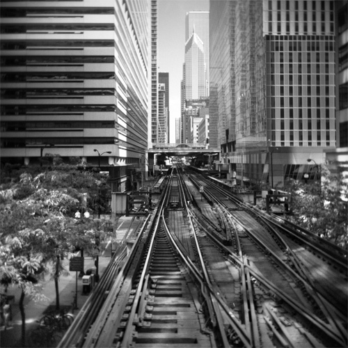 Clark & Lake El Station black and white photo