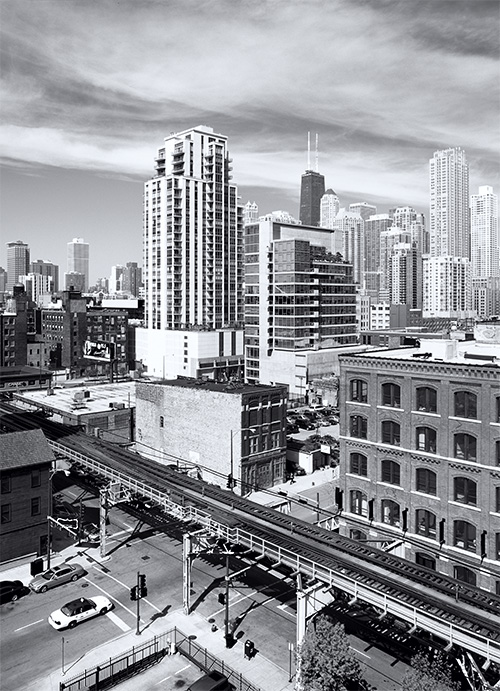 River North Brown Line black and white photo